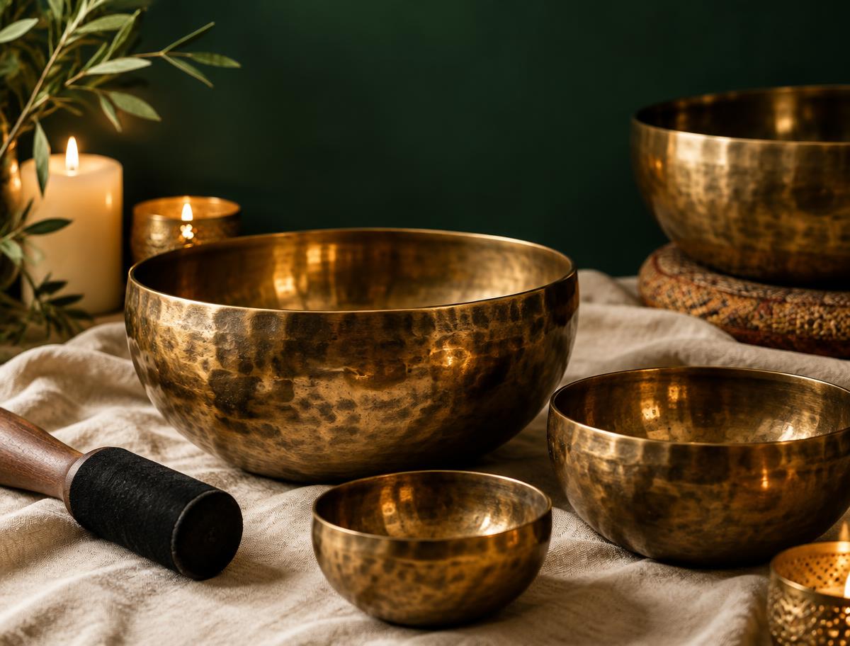 Bronze singing bowls arranged on cream linen